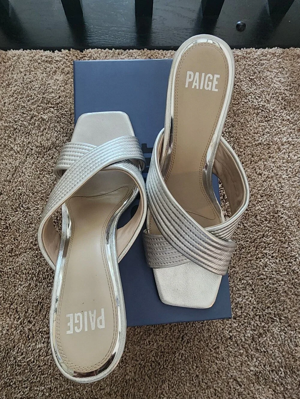 PAIGE Metallic Silver Cross-Strap Slide Heels